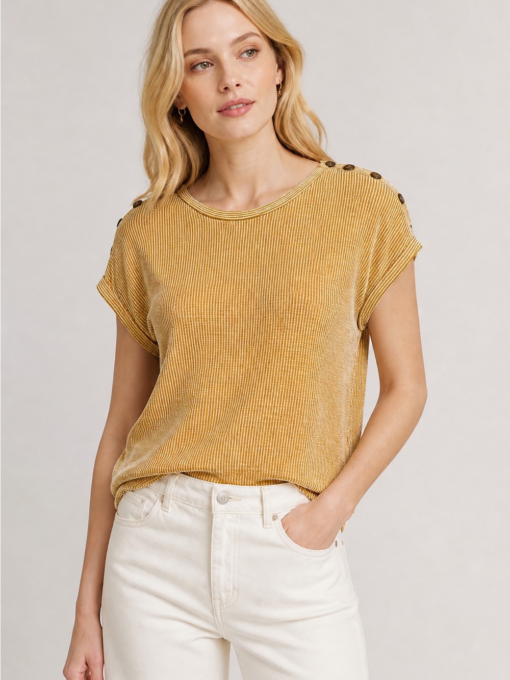 W5 Ribbed Mustard Top w/ Shoulder Buttons – Size S